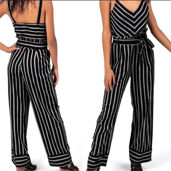 Harper Pants - NWT Harper Heritage Womens Jumper Jumpsuit S Black  Cropped Striped Wide Leg